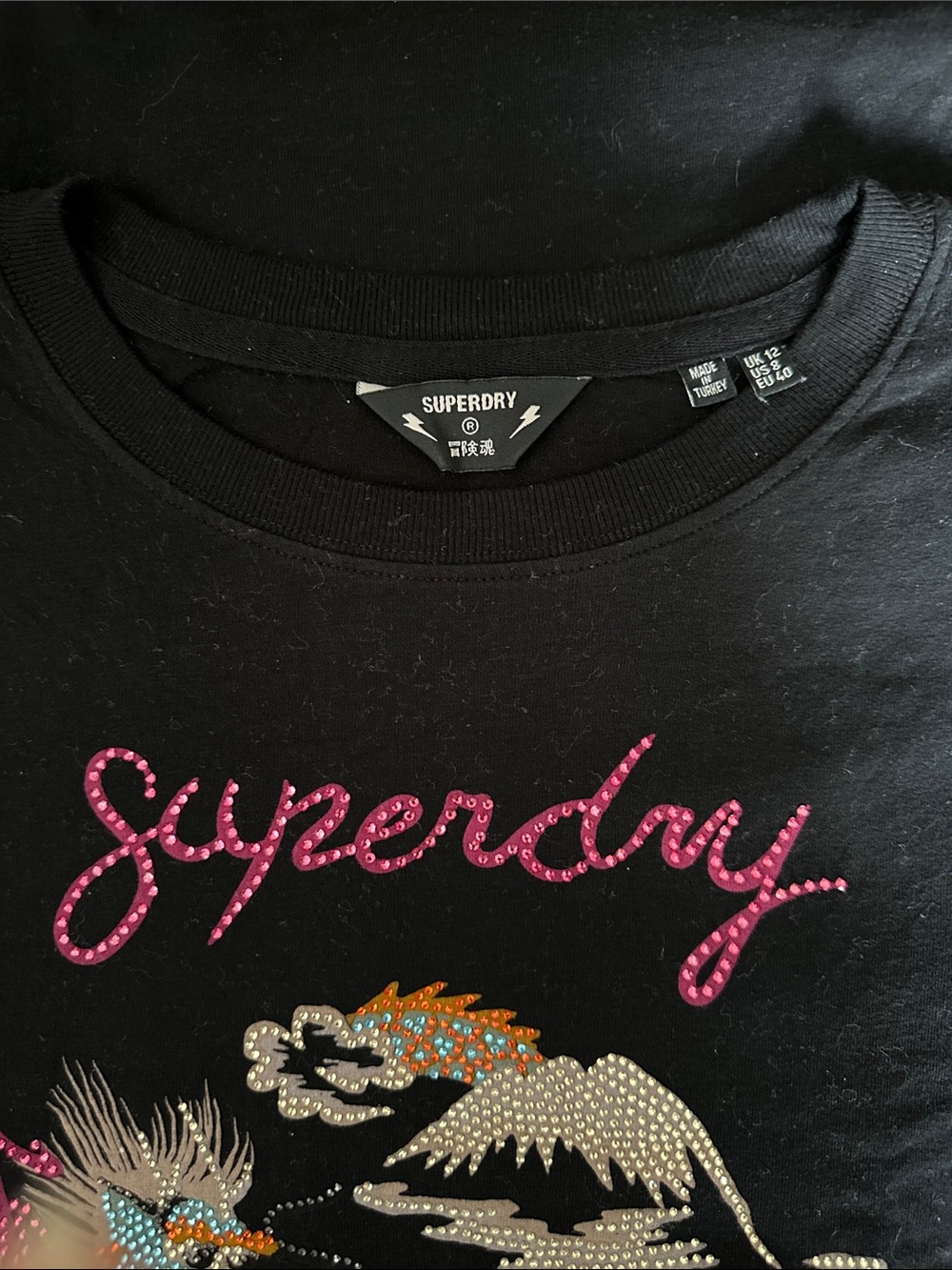 Superdry Black Tee with Multicolor Crystal embellished Dragon design - Picture 3 of 3
